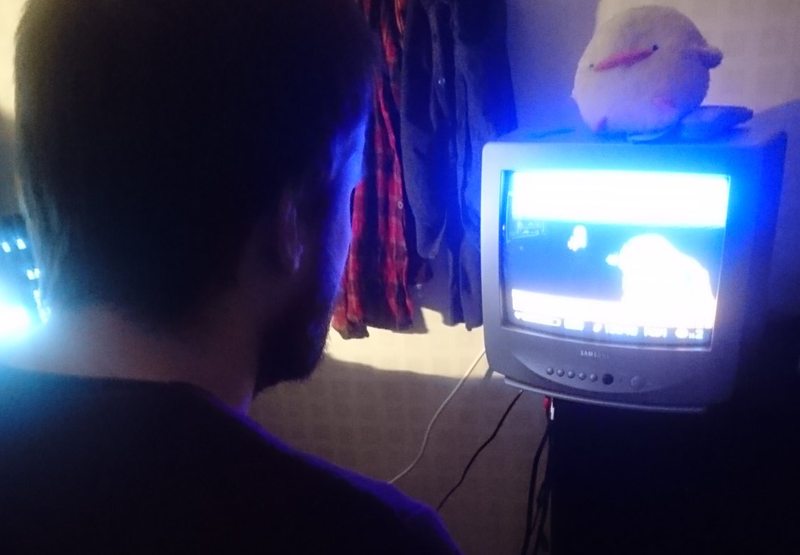 Coolkid practicing for the competition on the tiniest TV he owns, via Coolkid.